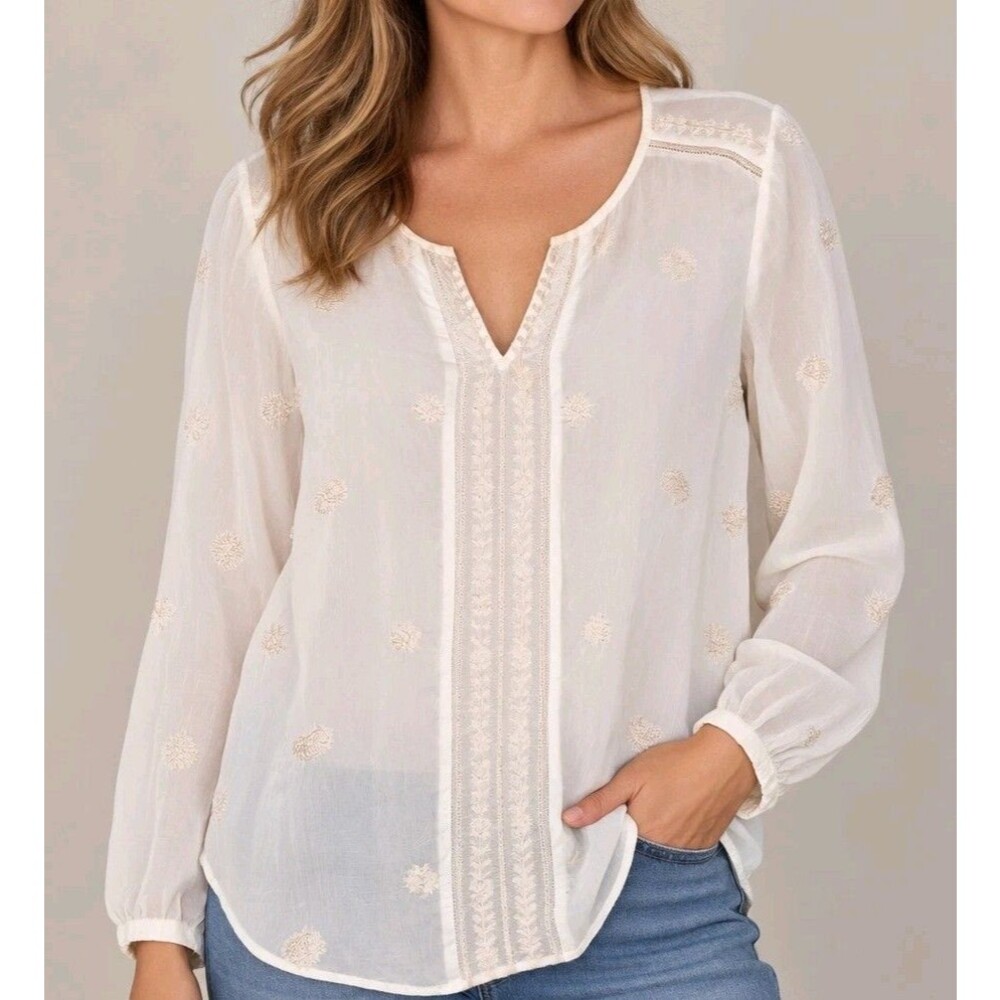 J Jill Ivory Cream Embroidered Paisley Floral Sheer Rayon Blouse L